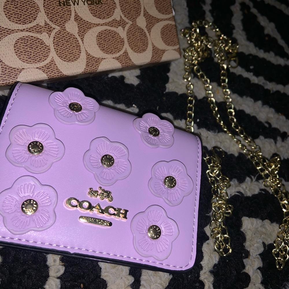 Coach Lavender Floral appliqué with Attachable Gold Chain